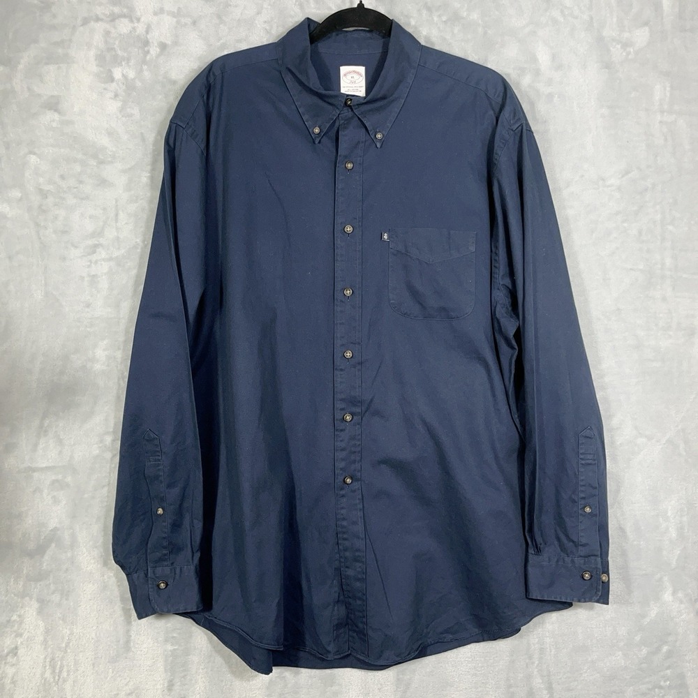 Brooks Brothers 346 Dress Button UP Shirt Mens XL Navy Blue Long Sleeve Preppy - Picture 2 of 10